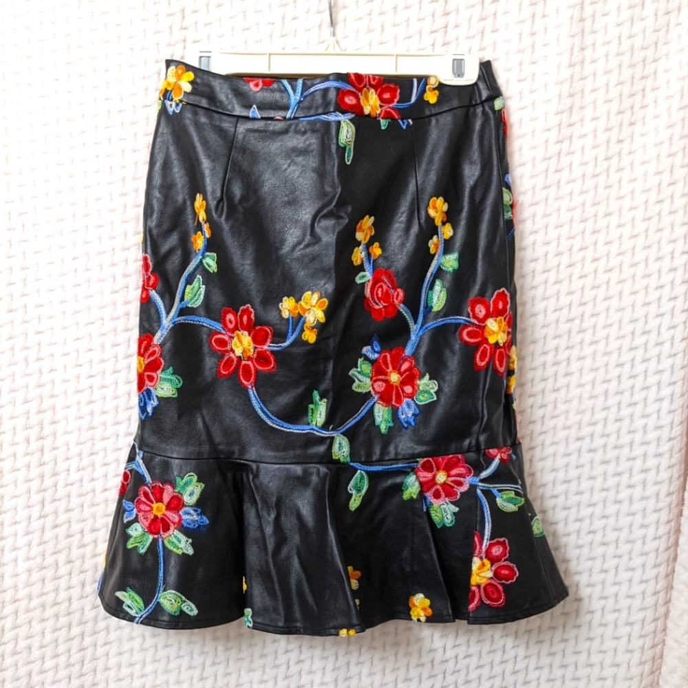 Tov Los Angeles Floral Embroidered Faux Leather Skirt